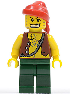 LEGO Minifigure-Pirate Vest and Anchor Tattoo, Dark Green Legs, Red Bandana-Pirates / Pirates II-PI130-Creative Brick Builders